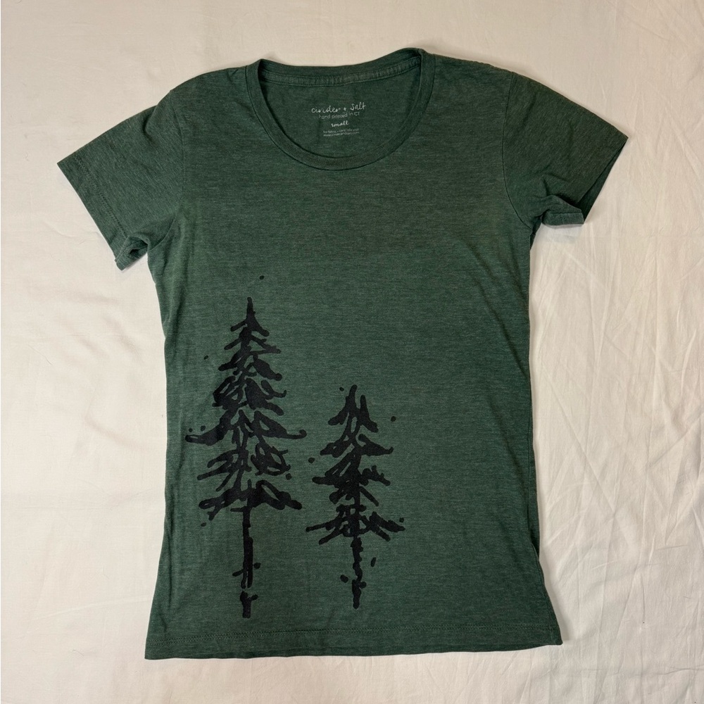 Cinder and Salt - Green Graphic Tee with Tree Design - hand printed